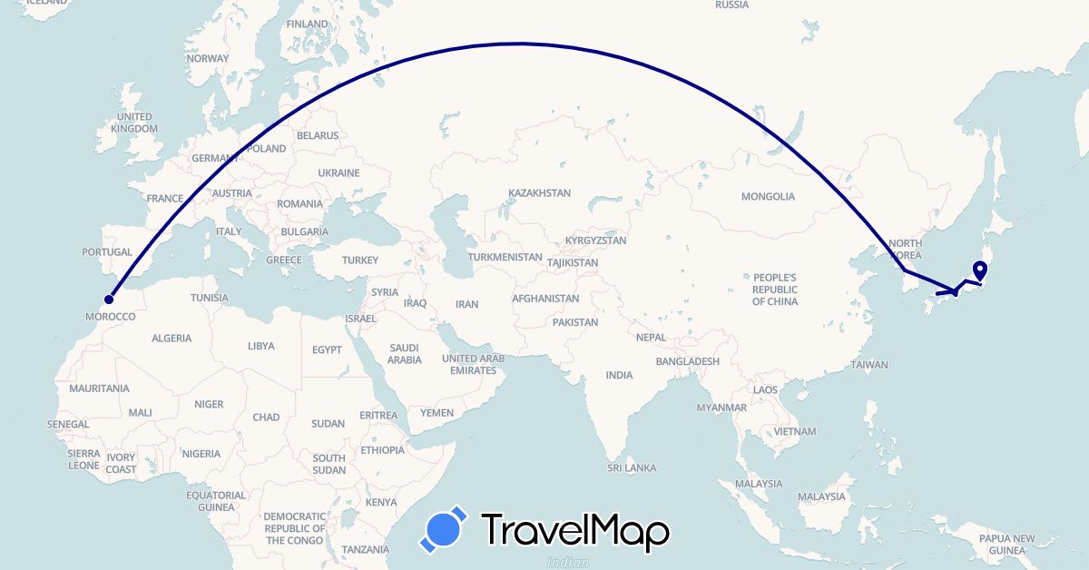 TravelMap itinerary: driving in Japan, South Korea, Morocco (Africa, Asia)