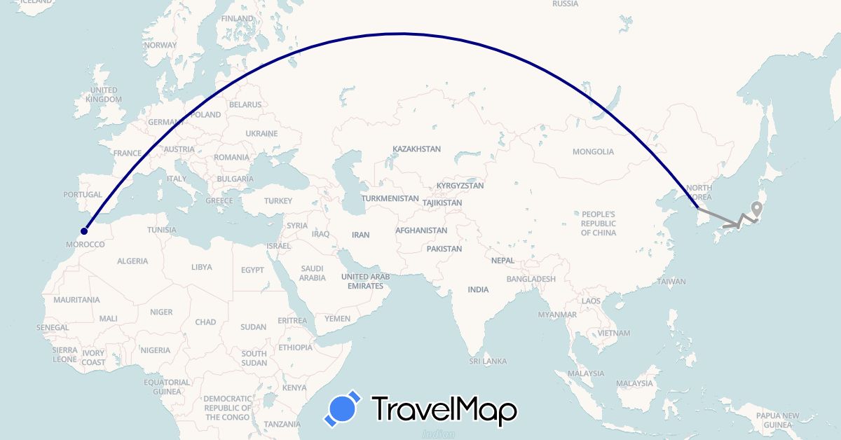 TravelMap itinerary: driving, plane in Japan, South Korea, Morocco (Africa, Asia)